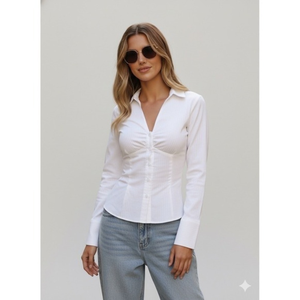 Princess Polly White Elowenn Ruched Bust Button Down Long Sleeve Top US 8